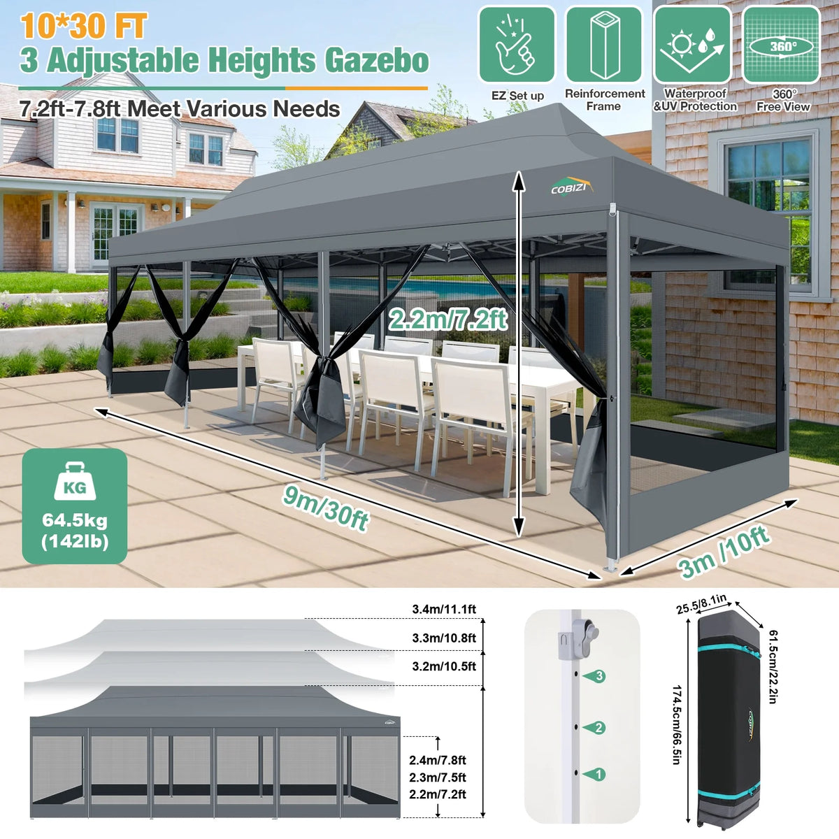 10x15 Heavy Duty Pop up Canopy Tent with Netting and Sidewalls, Black X119754