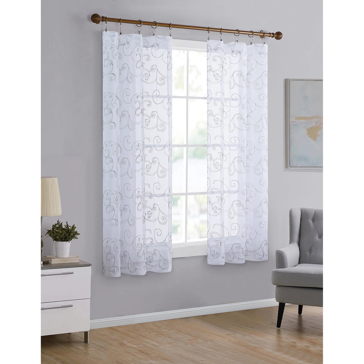 Embroidered Sheer Curtain Panel, White, 38 x 84 X5810