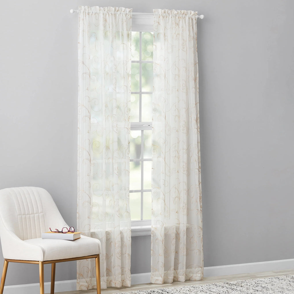 Embroidered Sheer Curtain Panel, White, 38 x 84 X5810