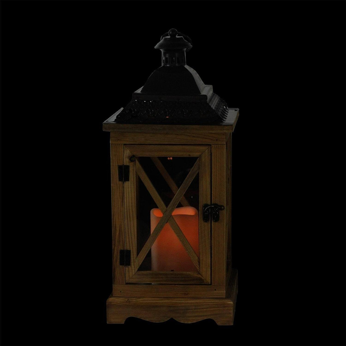 17.5x22 Rustic Wooden Lantern with LED Flameless Pillar Candle M42542