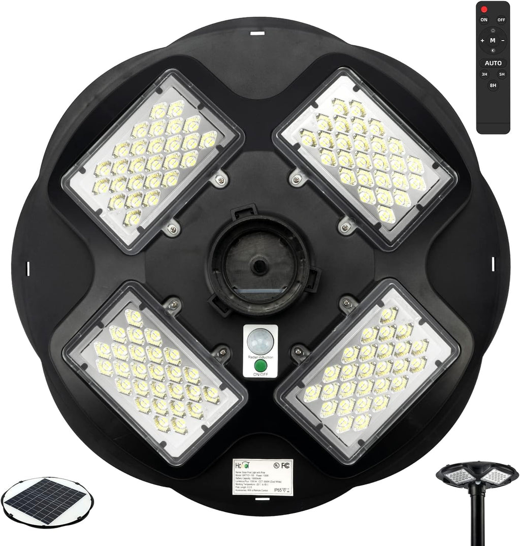 100W LED Solar Post Light IP65 Waterproof 6500K Dusk to Dawn with Remote P33042