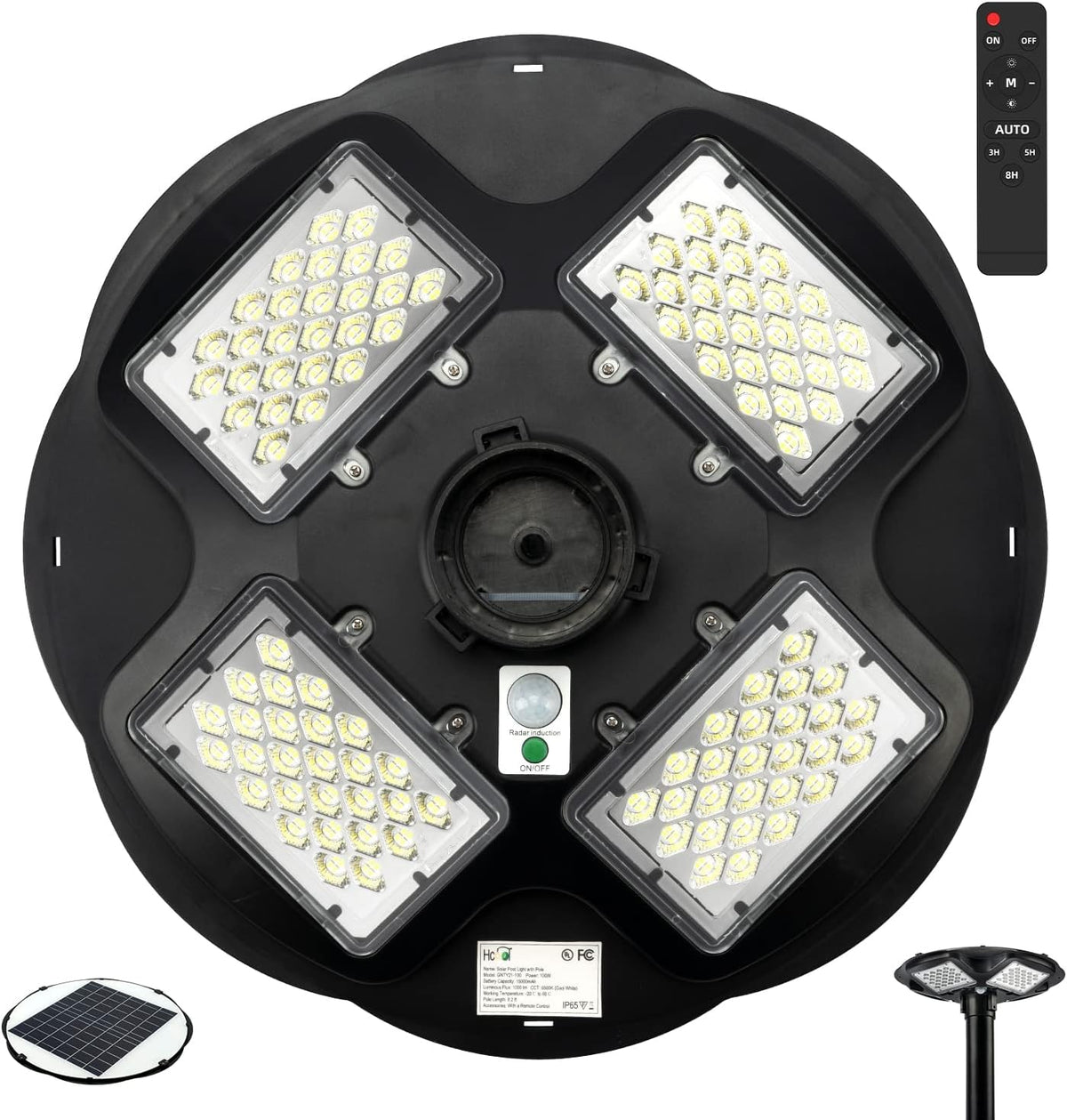 100W LED Solar Post Light IP65 Waterproof 6500K Dusk to Dawn with Remote P33042