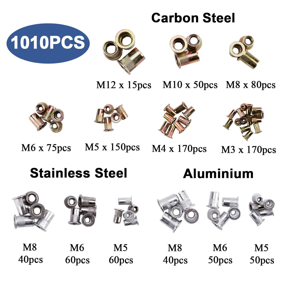 1010pcs Metric Rivet Nut Kit M3-M12 Stainless Steel with Case L406089
