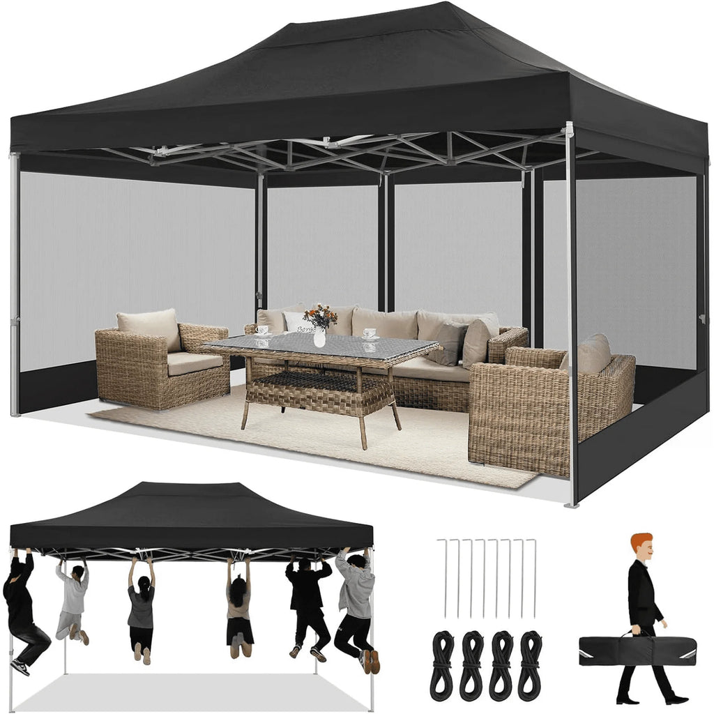 10x15 Heavy Duty Pop up Canopy Tent with Netting and Sidewalls, Black X119754