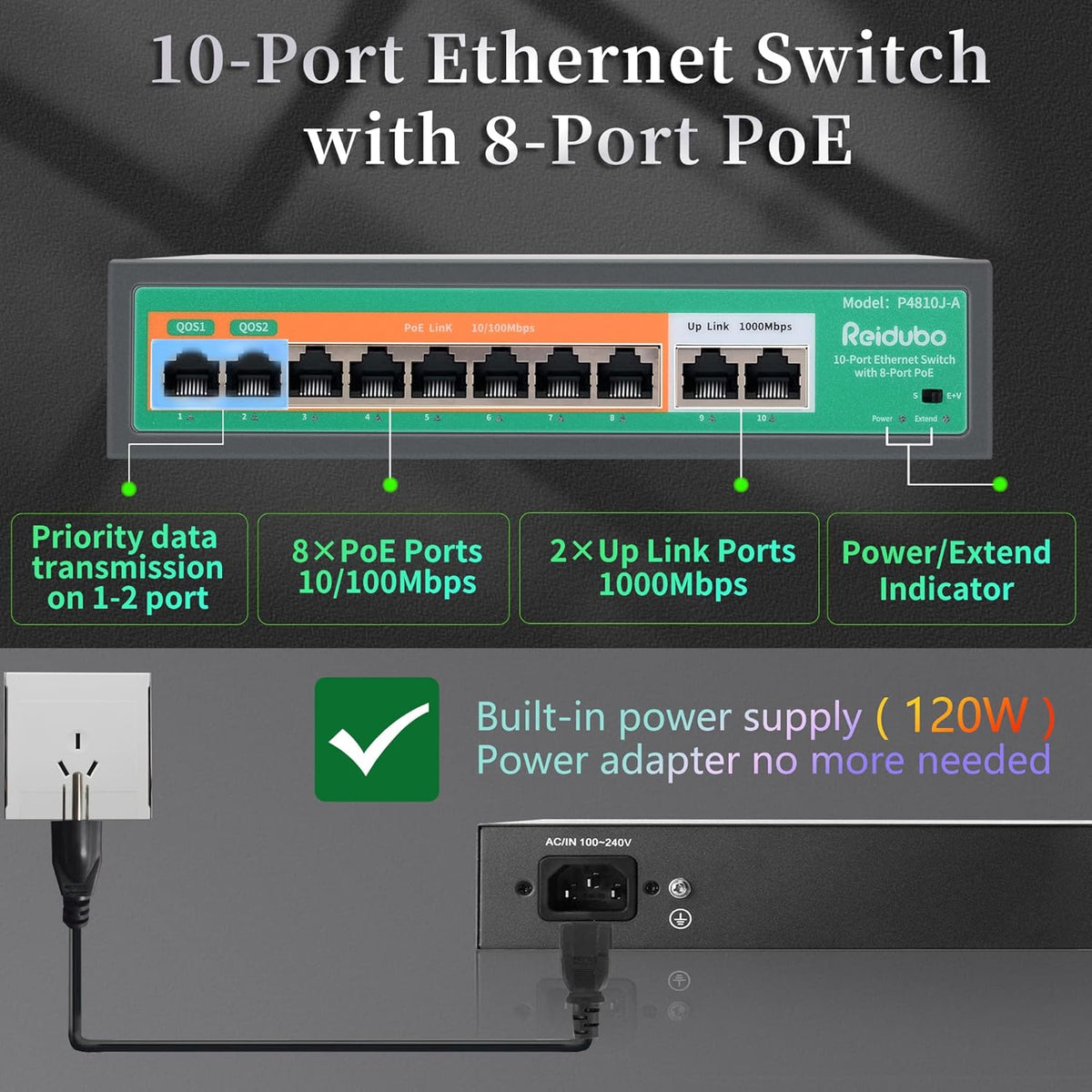 10 Port PoE Ethernet Switch with 8 Port PoE 100Mbps X878
