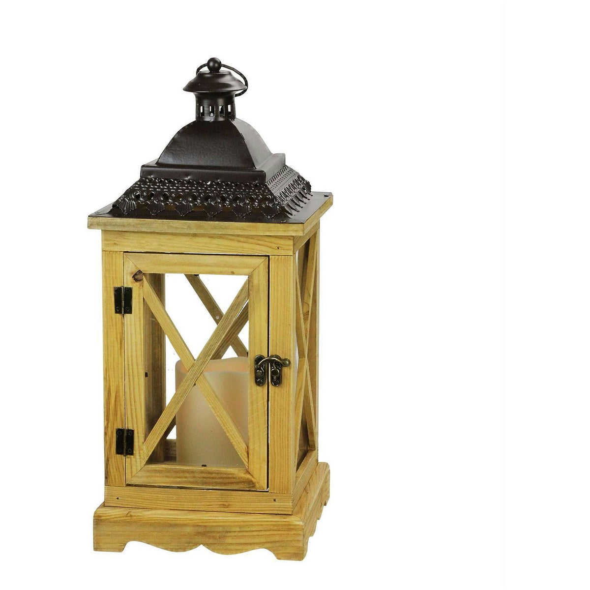 17.5x22 Rustic Wooden Lantern with LED Flameless Pillar Candle M42542