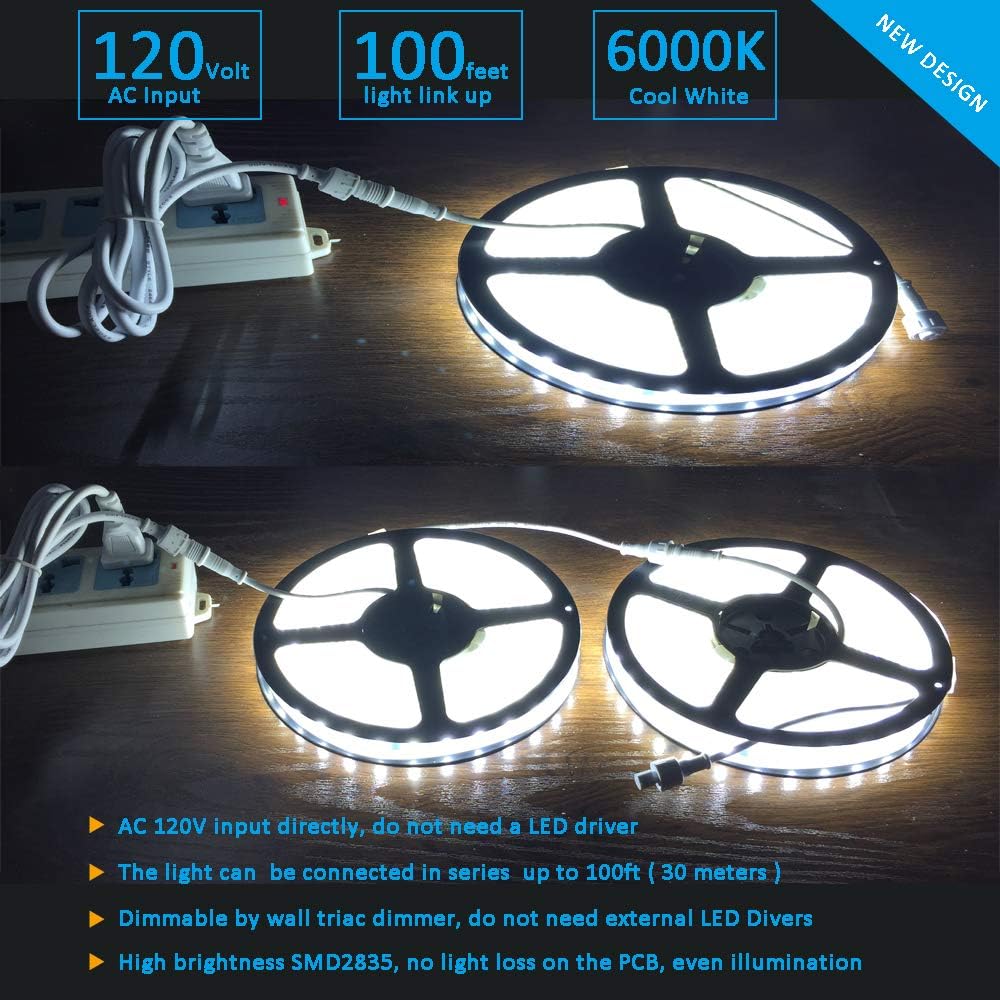 120V Dimmable Waterproof IP65 Cool White 6000K LED Strip Light T282802