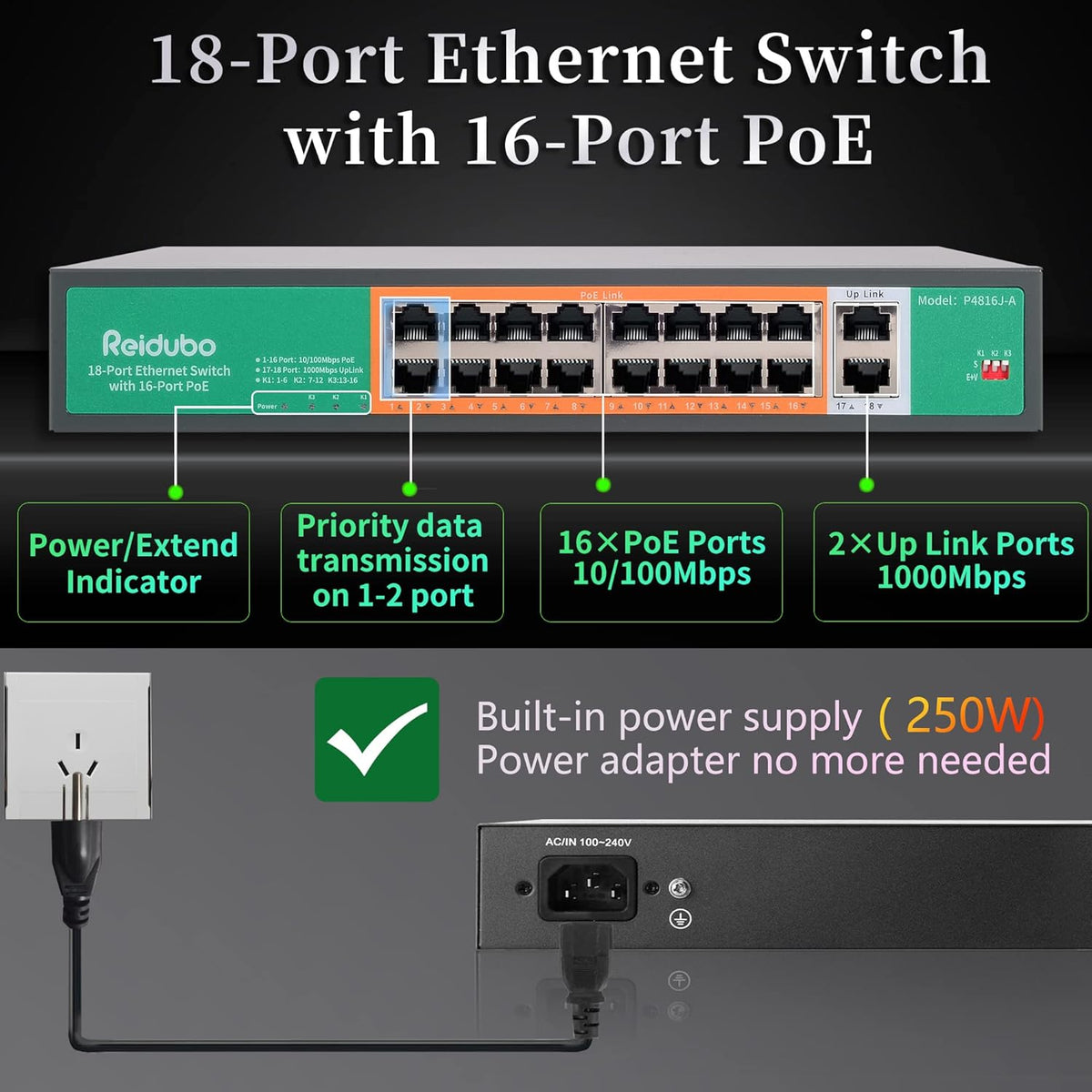 10 Port PoE Ethernet Switch with 8 Port PoE 100Mbps X878