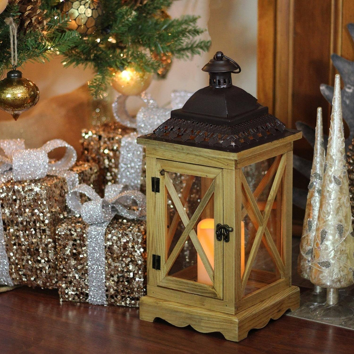 17.5x22 Rustic Wooden Lantern with LED Flameless Pillar Candle M42542