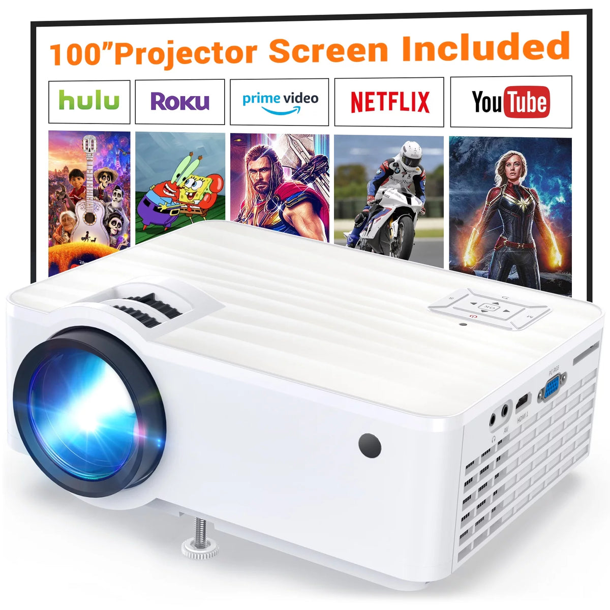 1080P HD Portable Mini Projector with 100 Projector Screen M9236