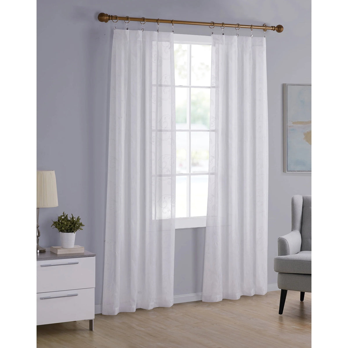 Embroidered Sheer Curtain Panel, White, 38 x 84 X5810